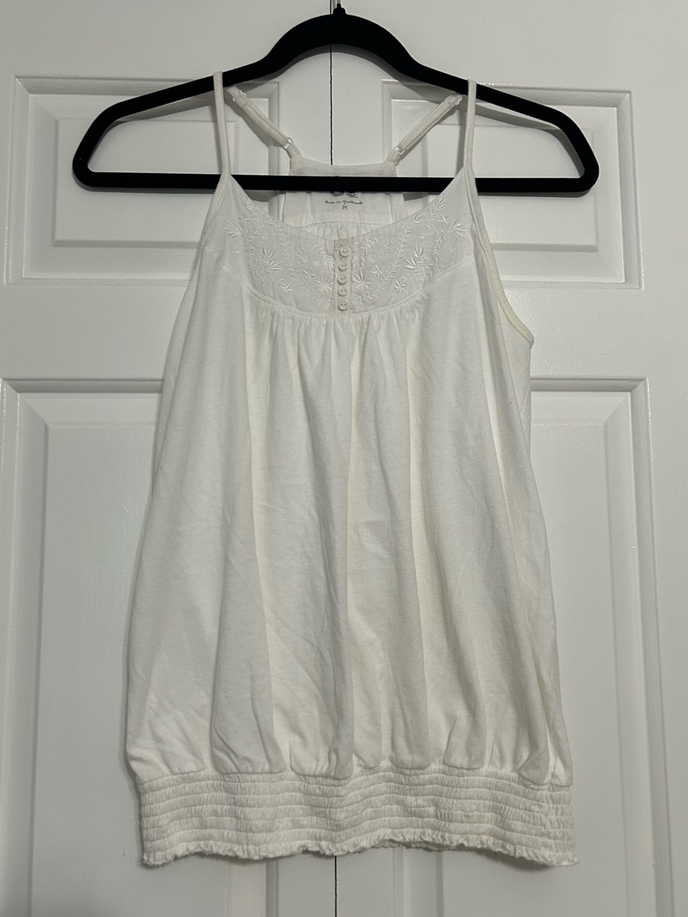 Y2K Off-White Cotton Embroidered Halter Balloon Style Tank Top Banded Hem